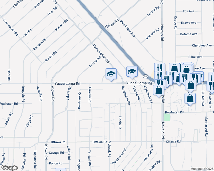 map of restaurants, bars, coffee shops, grocery stores, and more near 21351 Yucca Loma Road in Apple Valley