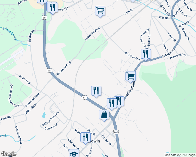 map of restaurants, bars, coffee shops, grocery stores, and more near 447 Whispering Woods Circle in Cornelia