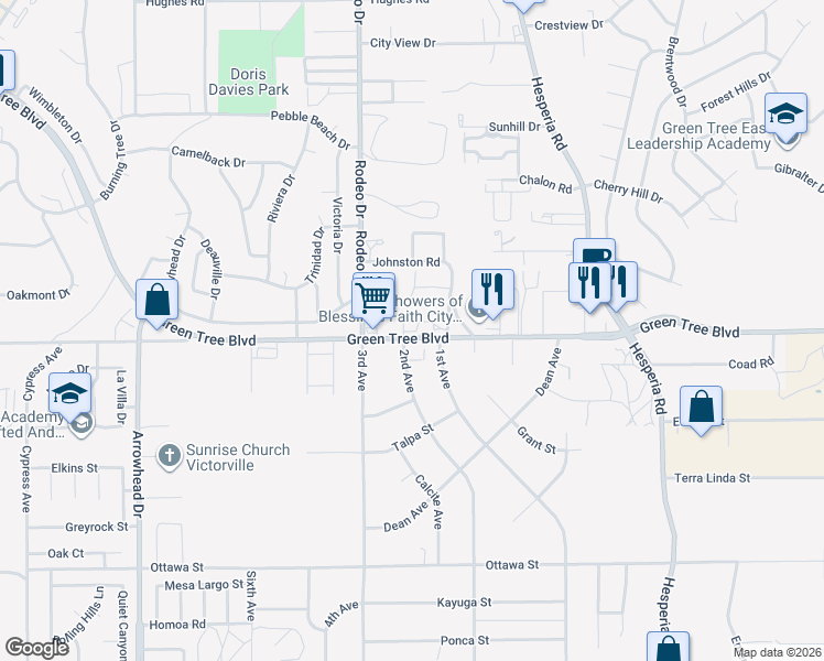 map of restaurants, bars, coffee shops, grocery stores, and more near Green Tree Boulevard in Victorville