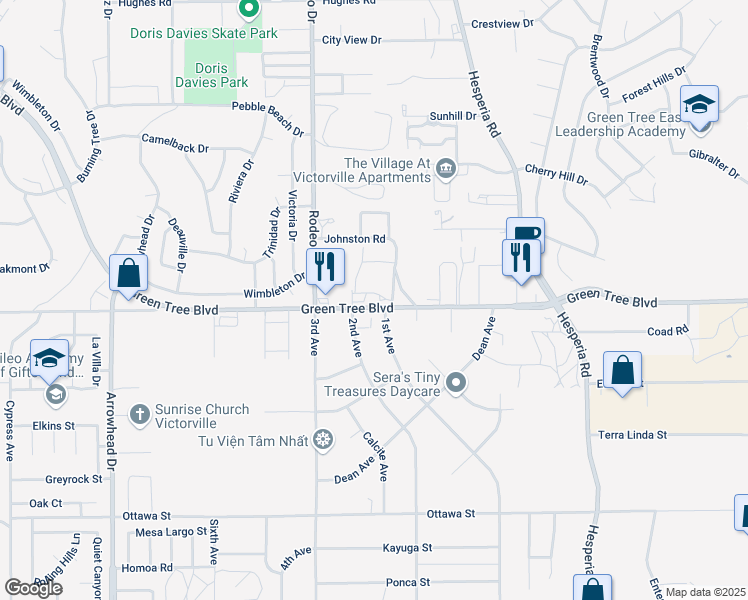 map of restaurants, bars, coffee shops, grocery stores, and more near 16612 Green Tree Boulevard in Victorville