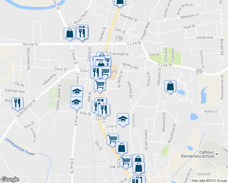 map of restaurants, bars, coffee shops, grocery stores, and more near 213 West Hicks Street in Calhoun