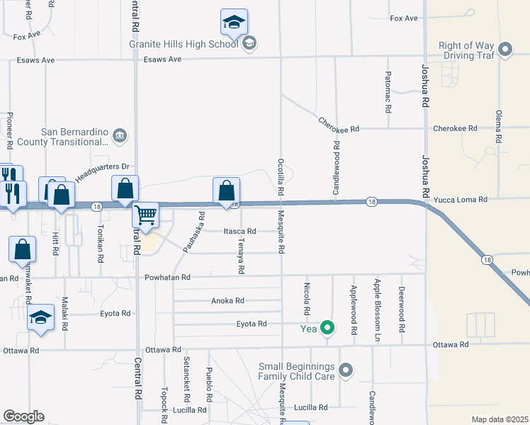 map of restaurants, bars, coffee shops, grocery stores, and more near 2 Outer Highway 18 North in Apple Valley