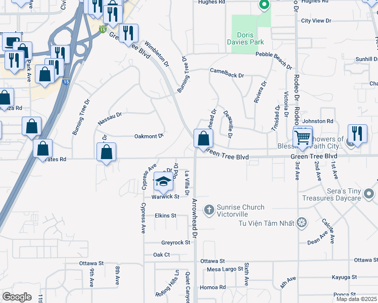 map of restaurants, bars, coffee shops, grocery stores, and more near 16066 Yates Road in Victorville