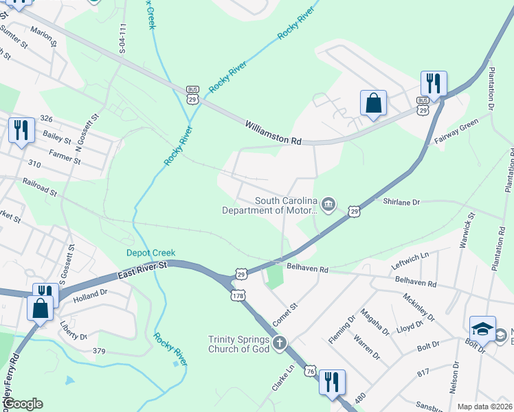 map of restaurants, bars, coffee shops, grocery stores, and more near 1008 Cox Avenue in Anderson