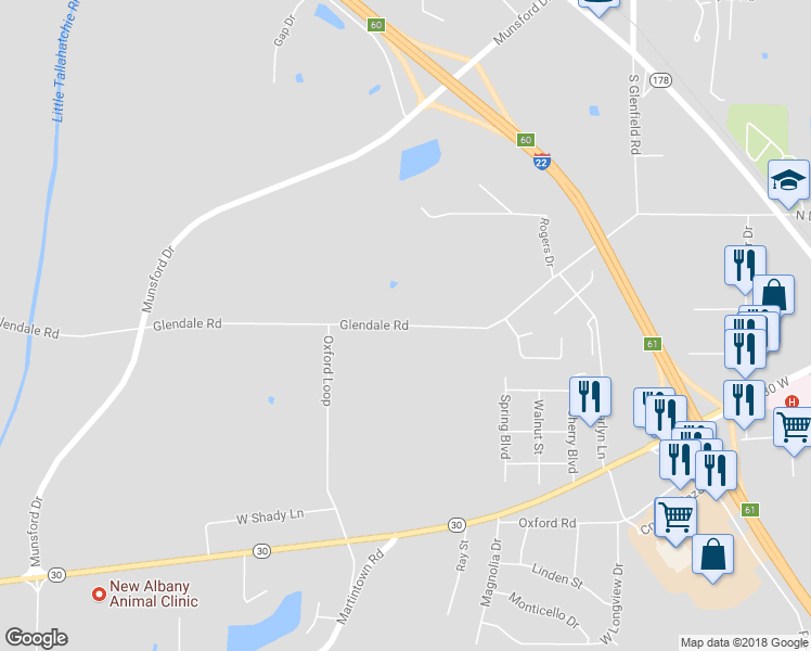 map of restaurants, bars, coffee shops, grocery stores, and more near 602 Glendale Road in New Albany