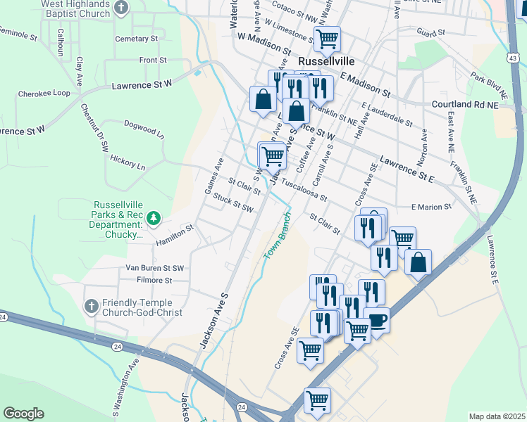 map of restaurants, bars, coffee shops, grocery stores, and more near 518 Jackson Avenue South in Russellville