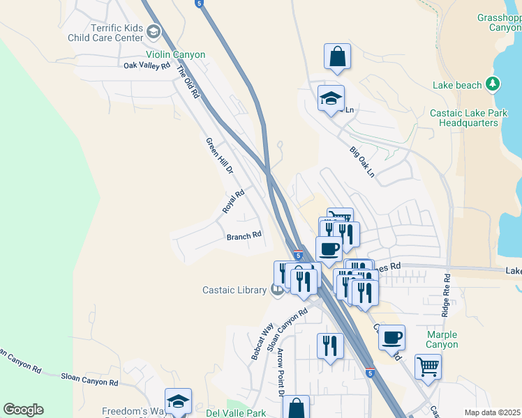 map of restaurants, bars, coffee shops, grocery stores, and more near 31960 Green Hill Drive in Castaic