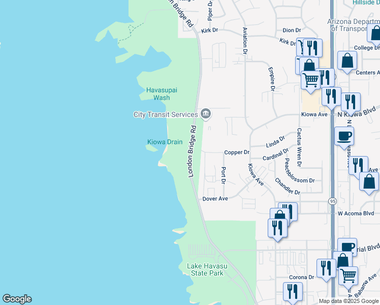 map of restaurants, bars, coffee shops, grocery stores, and more near 1001 London Bridge Road in Lake Havasu City