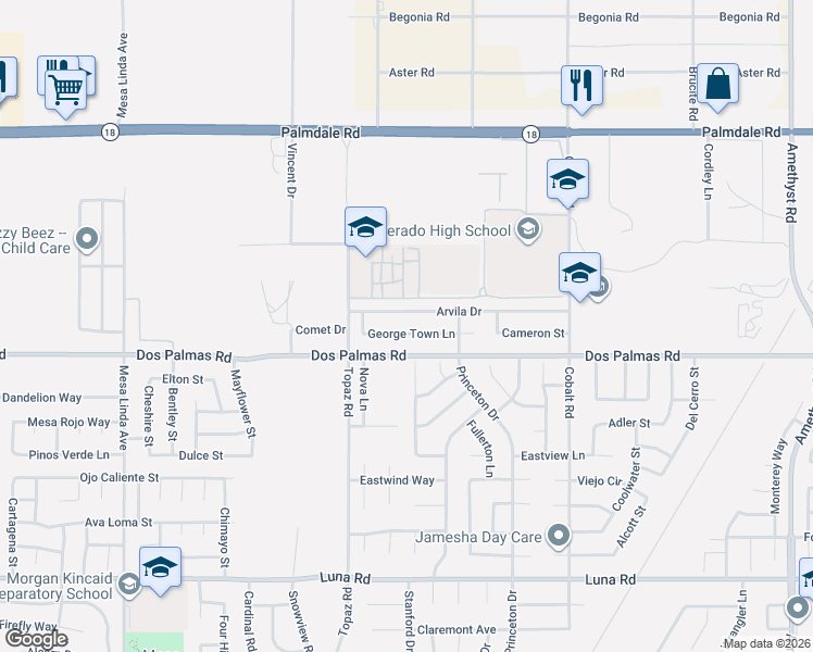 map of restaurants, bars, coffee shops, grocery stores, and more near 12955 George Town Lane in Victorville