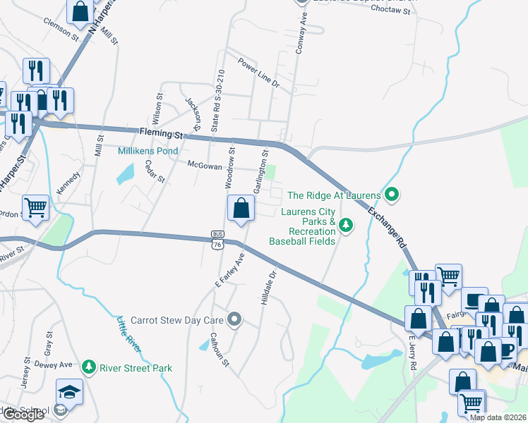map of restaurants, bars, coffee shops, grocery stores, and more near 116 Garlington Street in Laurens