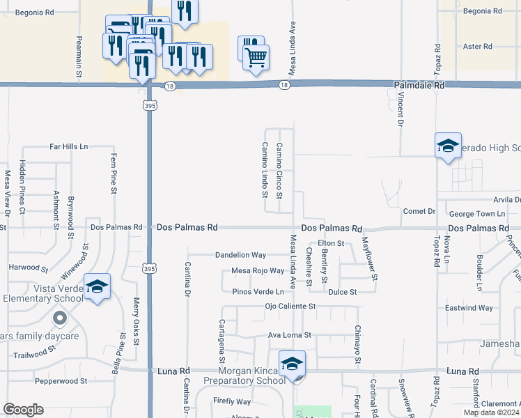 map of restaurants, bars, coffee shops, grocery stores, and more near 13748 Camino Lindo Street in Victorville