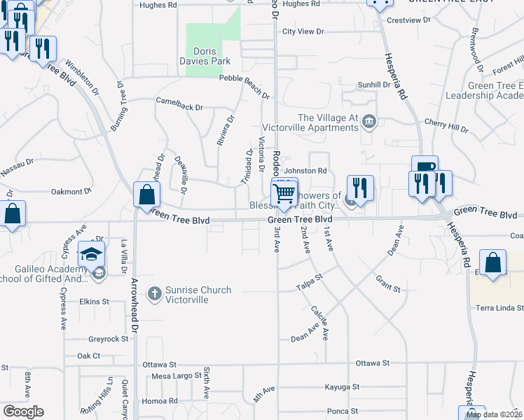 map of restaurants, bars, coffee shops, grocery stores, and more near 16400 Wimbleton Court in Victorville
