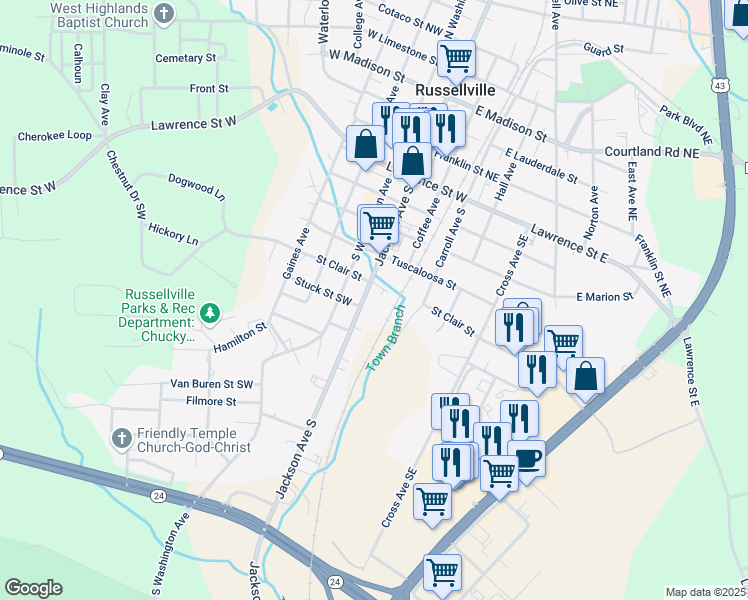 map of restaurants, bars, coffee shops, grocery stores, and more near 400-510 Jackson Avenue South in Russellville