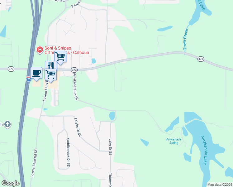 map of restaurants, bars, coffee shops, grocery stores, and more near 398 Amakanada Road Southeast in Calhoun