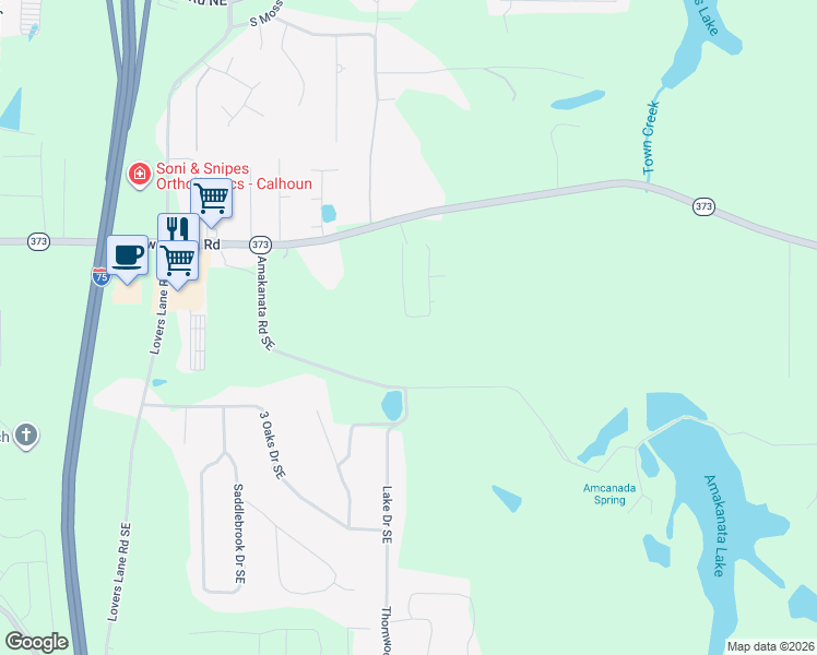 map of restaurants, bars, coffee shops, grocery stores, and more near 398 Amakanada Road Southeast in Calhoun