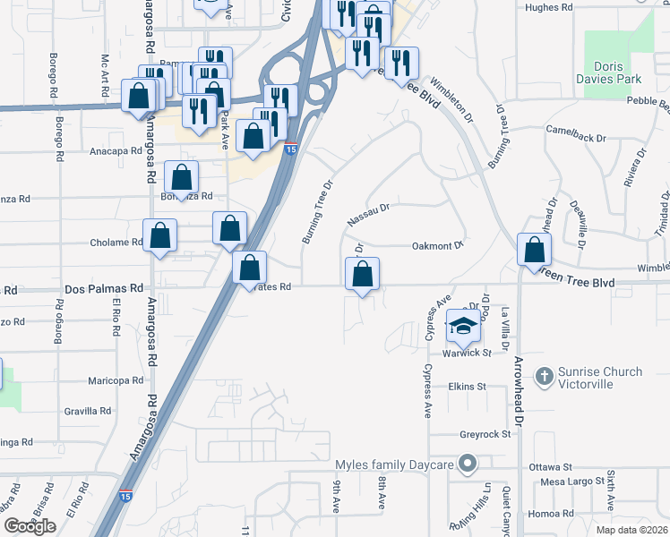 map of restaurants, bars, coffee shops, grocery stores, and more near 13701 Nassau Drive in Victorville
