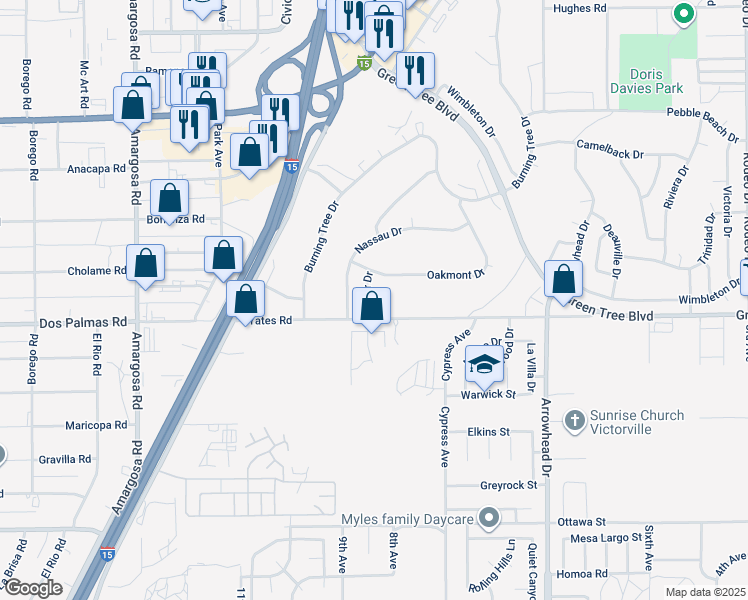 map of restaurants, bars, coffee shops, grocery stores, and more near 13745 Bel Air Drive in Victorville