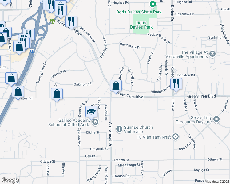 map of restaurants, bars, coffee shops, grocery stores, and more near 16137 Green Tree Boulevard in Victorville