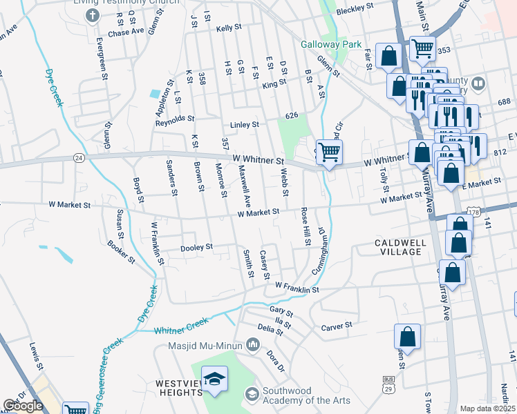 map of restaurants, bars, coffee shops, grocery stores, and more near 902 West Market Street in Anderson