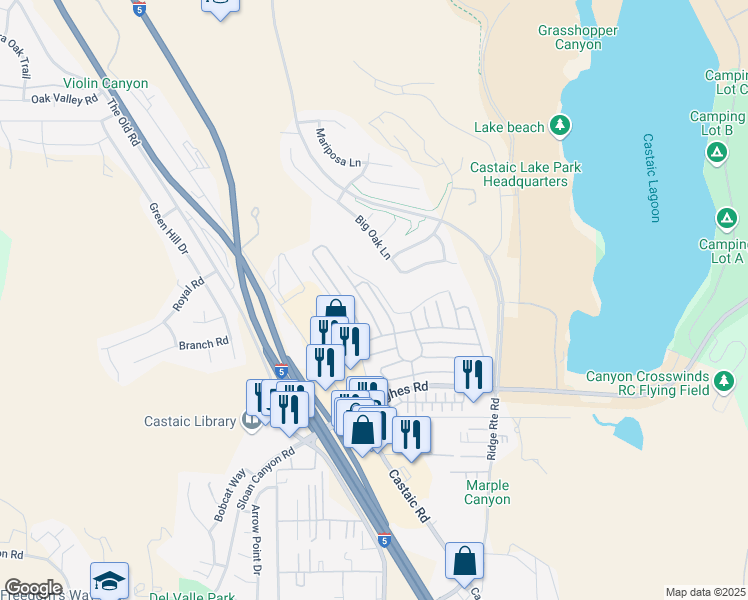 map of restaurants, bars, coffee shops, grocery stores, and more near 31951 Cinnabar Lane in Castaic