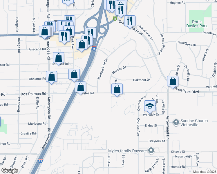 map of restaurants, bars, coffee shops, grocery stores, and more near 13701 Nassau Drive in Victorville
