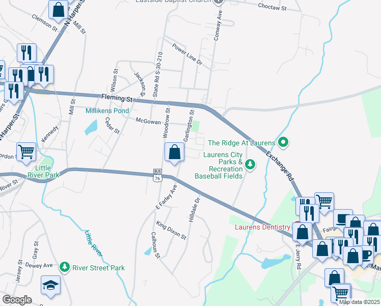 map of restaurants, bars, coffee shops, grocery stores, and more near 116 Garlington Street in Laurens