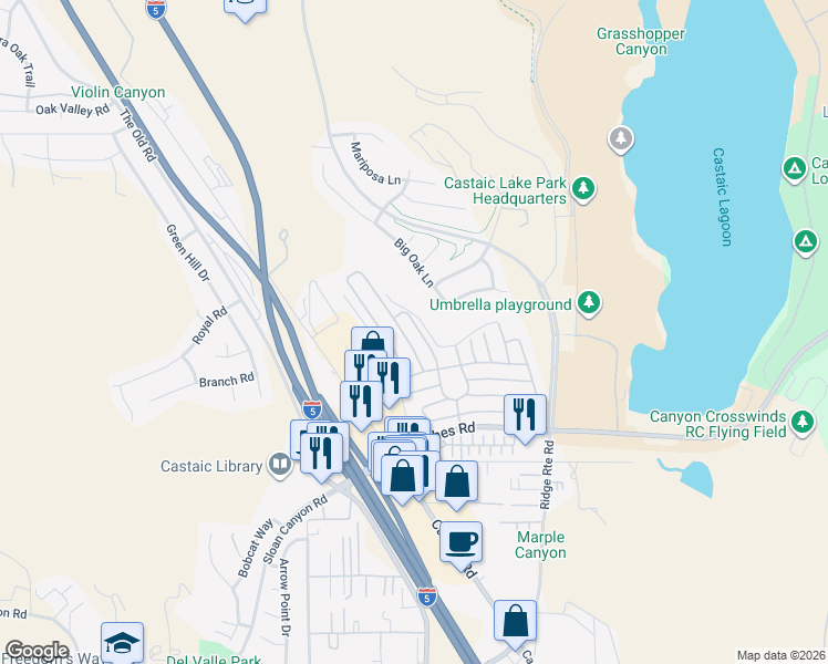 map of restaurants, bars, coffee shops, grocery stores, and more near 31951 Cinnabar Lane in Castaic