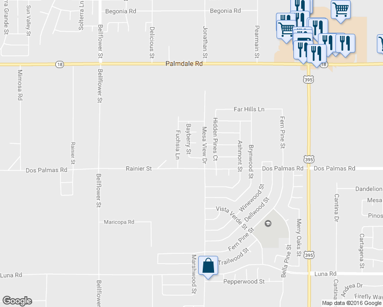 map of restaurants, bars, coffee shops, grocery stores, and more near 13753 Bayberry Street in Victorville
