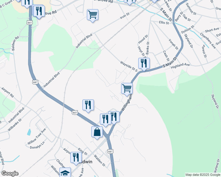 map of restaurants, bars, coffee shops, grocery stores, and more near 429 Whispering Woods Circle in Cornelia