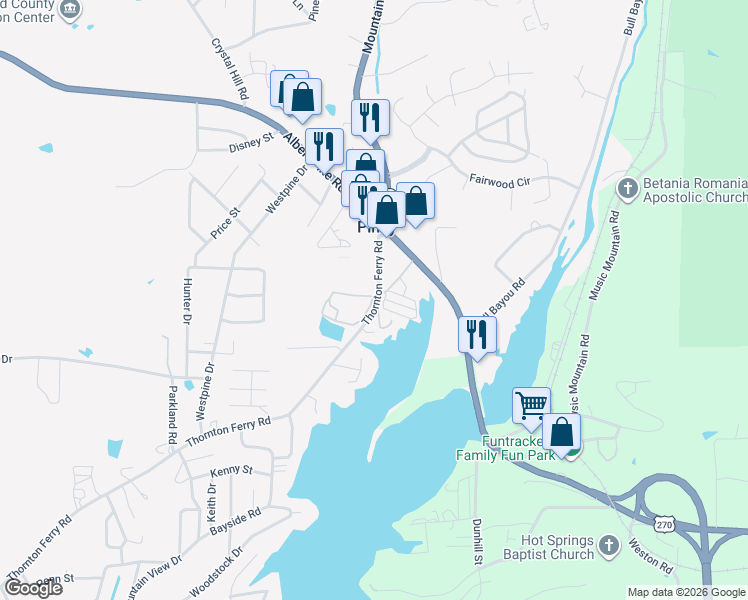map of restaurants, bars, coffee shops, grocery stores, and more near 201 Thornton Ferry Road in Piney
