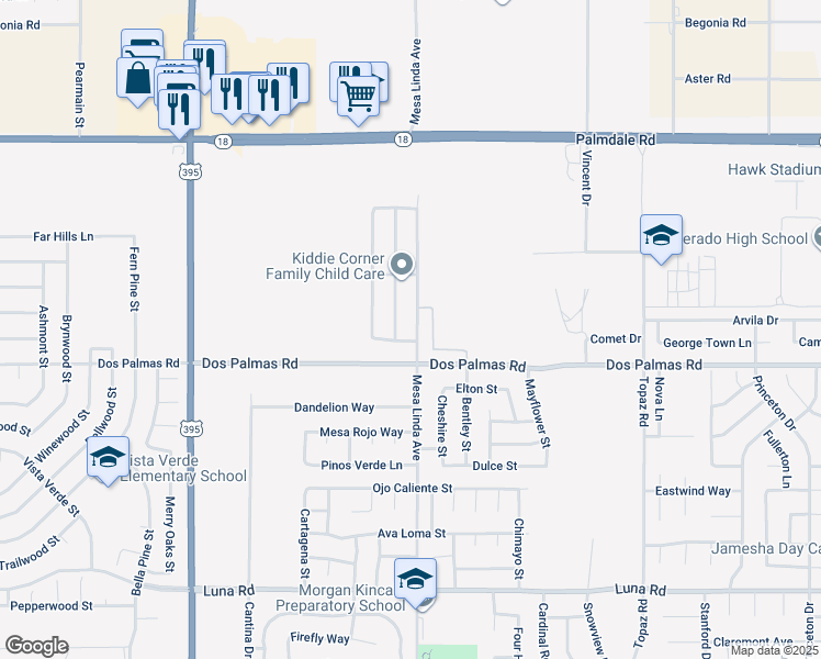 map of restaurants, bars, coffee shops, grocery stores, and more near 13756 Mesa Linda Avenue in Victorville