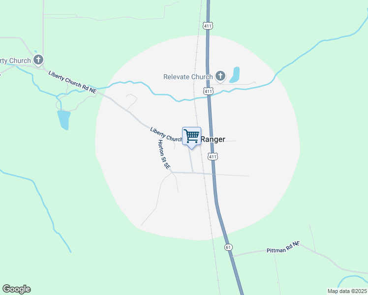 map of restaurants, bars, coffee shops, grocery stores, and more near 119 Church Street Southeast in Ranger