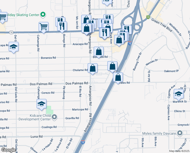 map of restaurants, bars, coffee shops, grocery stores, and more near 15329 Tamarack Drive in Victorville