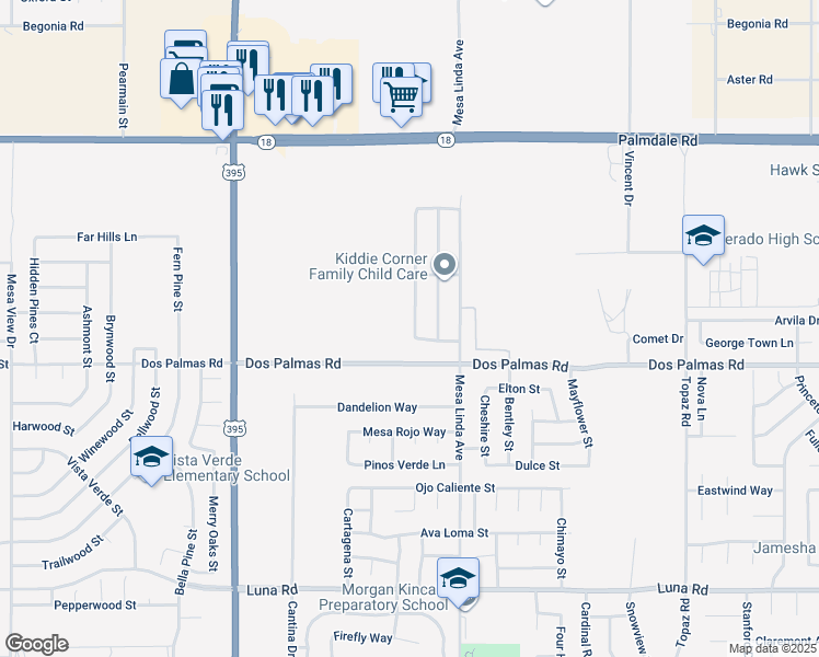 map of restaurants, bars, coffee shops, grocery stores, and more near 13760 Camino Lindo Street in Victorville