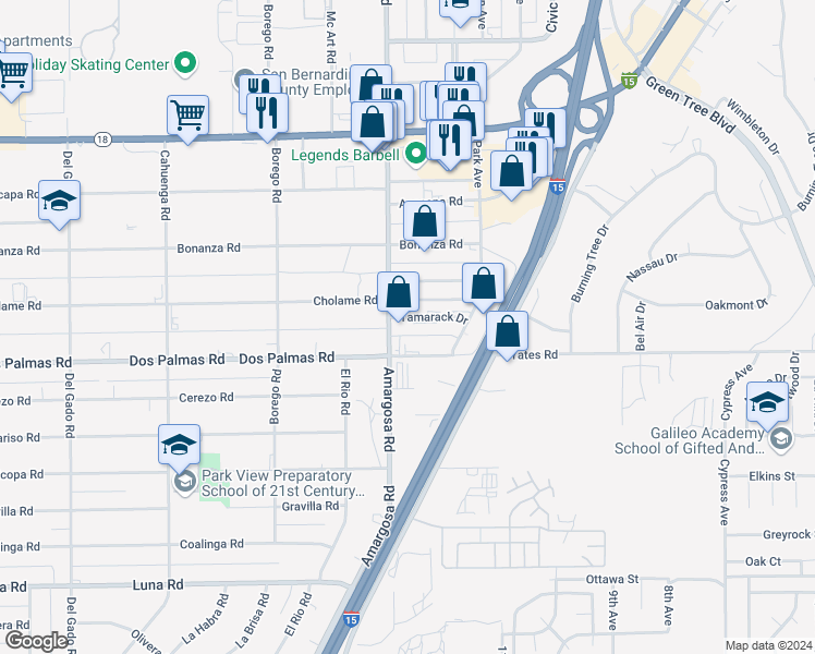 map of restaurants, bars, coffee shops, grocery stores, and more near 15329 Tamarack Drive in Victorville