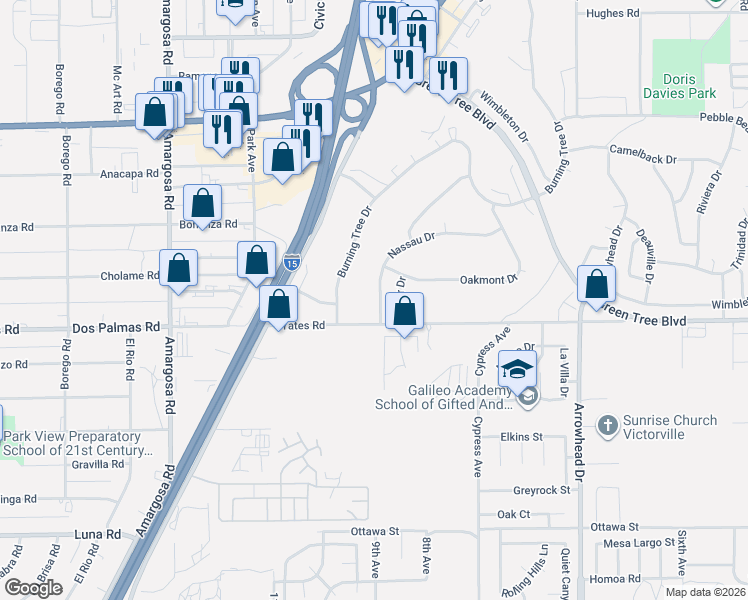 map of restaurants, bars, coffee shops, grocery stores, and more near 13728 Nassau Drive in Victorville