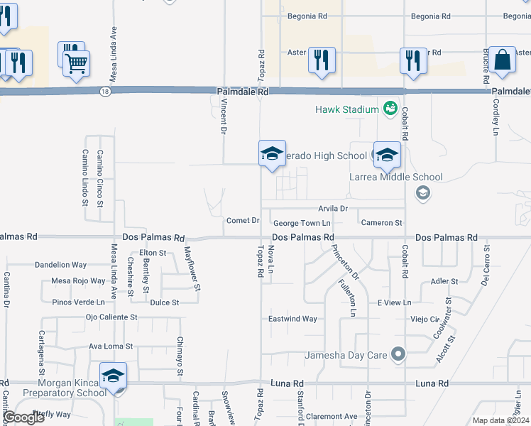 map of restaurants, bars, coffee shops, grocery stores, and more near 13760 George Town Lane in Victorville