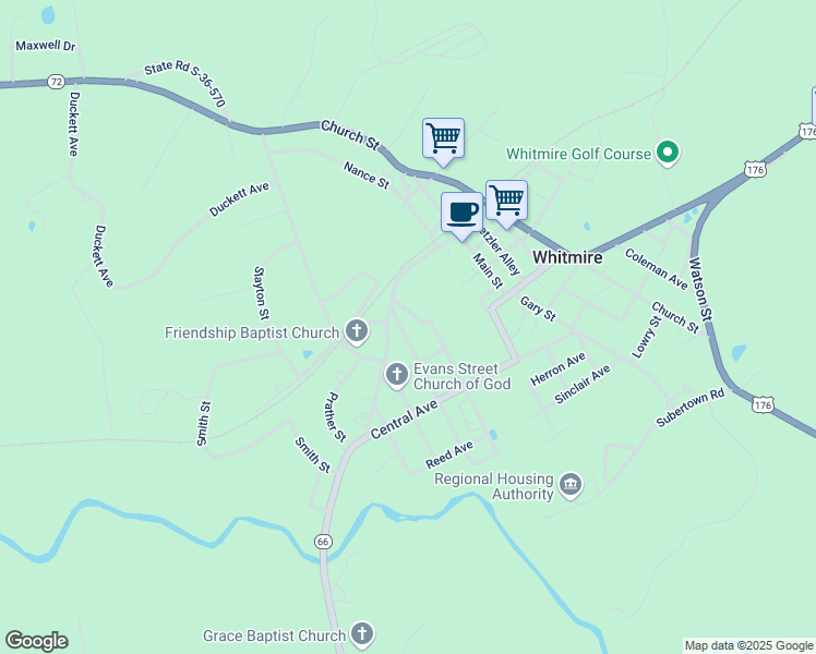 map of restaurants, bars, coffee shops, grocery stores, and more near 260 Sims Street in Whitmire