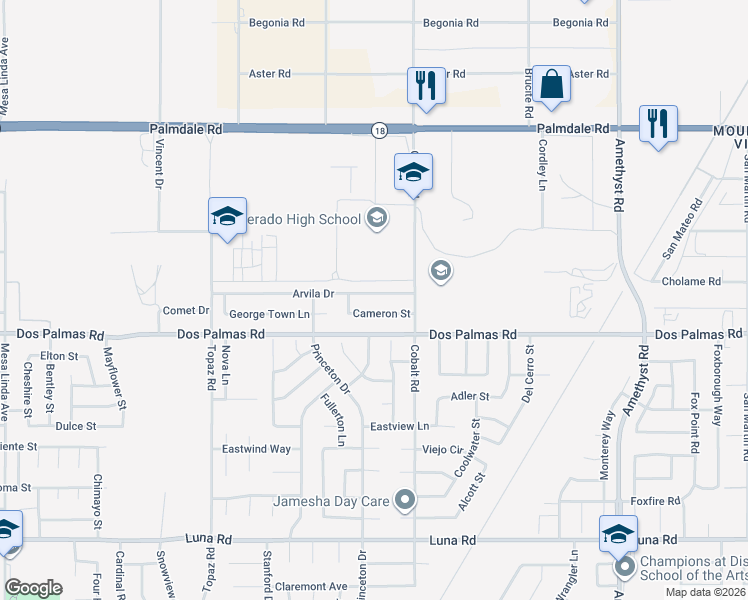 map of restaurants, bars, coffee shops, grocery stores, and more near 13221 Arvila Drive in Victorville