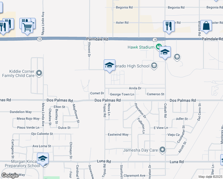 map of restaurants, bars, coffee shops, grocery stores, and more near 12921 Arvila Street in Victorville