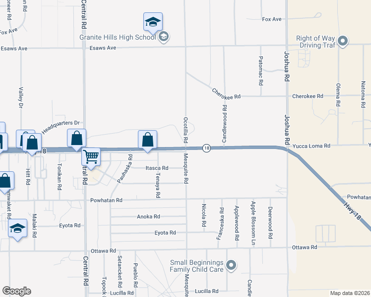 map of restaurants, bars, coffee shops, grocery stores, and more near 13799 Mesquite Road in Apple Valley