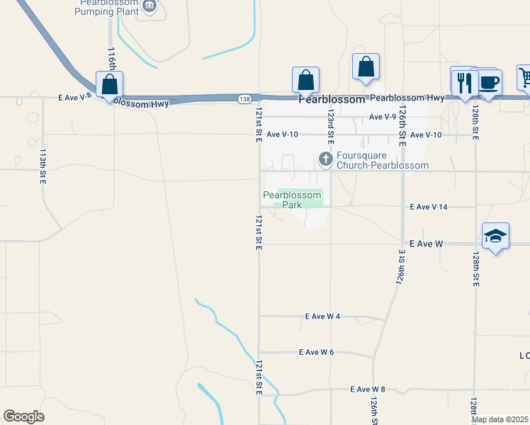 map of restaurants, bars, coffee shops, grocery stores, and more near 121st Street East in Los Angeles County