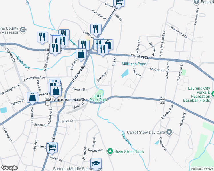 map of restaurants, bars, coffee shops, grocery stores, and more near Ring Street in Laurens