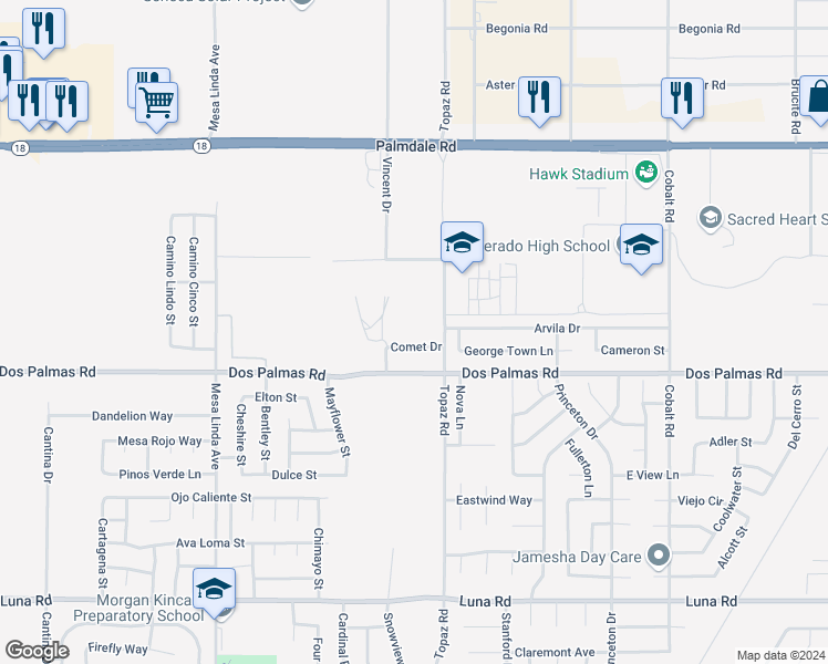 map of restaurants, bars, coffee shops, grocery stores, and more near Topaz Road in Victorville