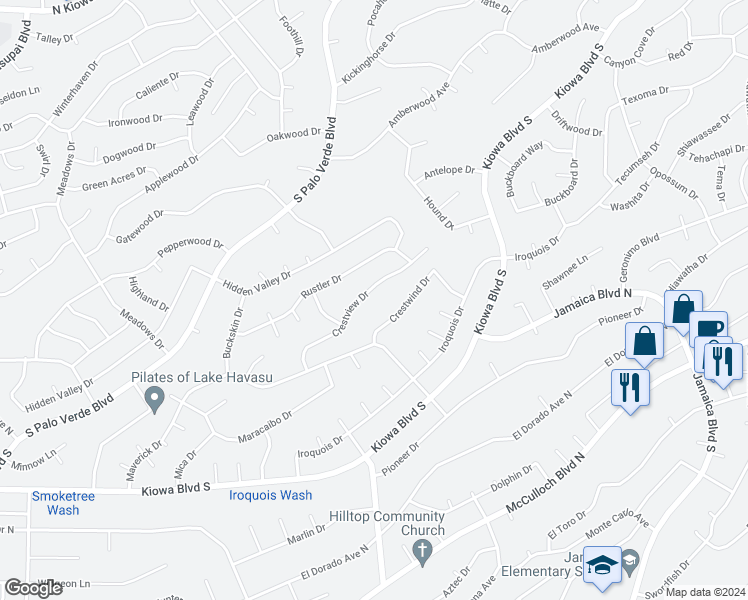map of restaurants, bars, coffee shops, grocery stores, and more near 3258 Crestview Drive in Lake Havasu City