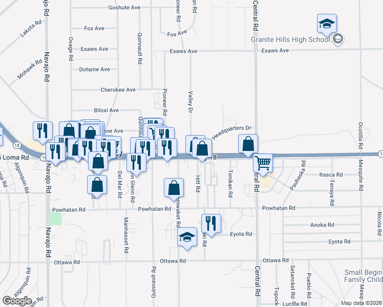 map of restaurants, bars, coffee shops, grocery stores, and more near 13755 Valley Drive in Apple Valley