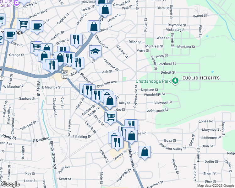 map of restaurants, bars, coffee shops, grocery stores, and more near 150 Halton Terrace in Hot Springs