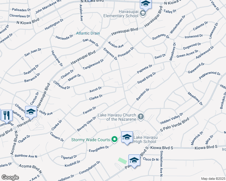 map of restaurants, bars, coffee shops, grocery stores, and more near 2641 Clarke Drive in Lake Havasu City
