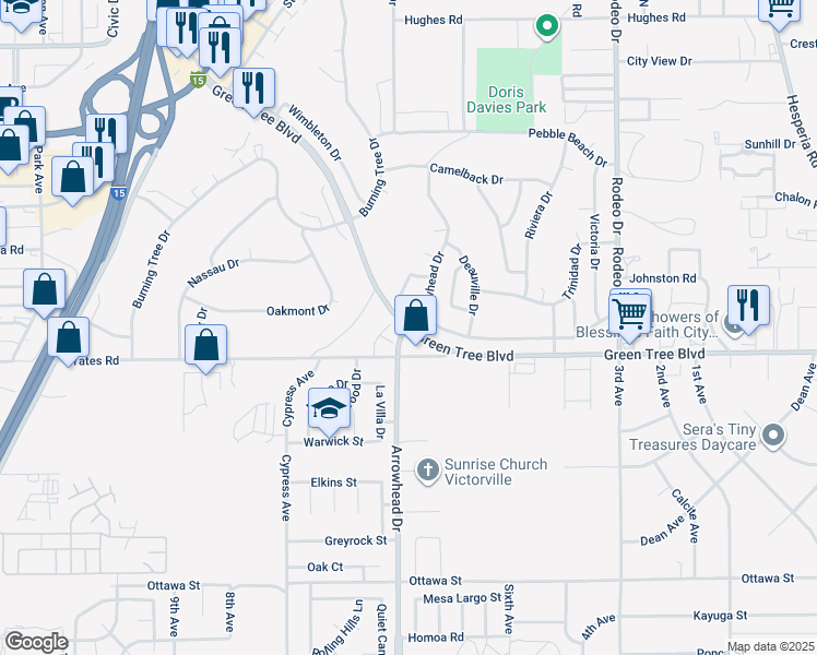 map of restaurants, bars, coffee shops, grocery stores, and more near Green Tree Blvd & Arrowhead Dr in Victorville