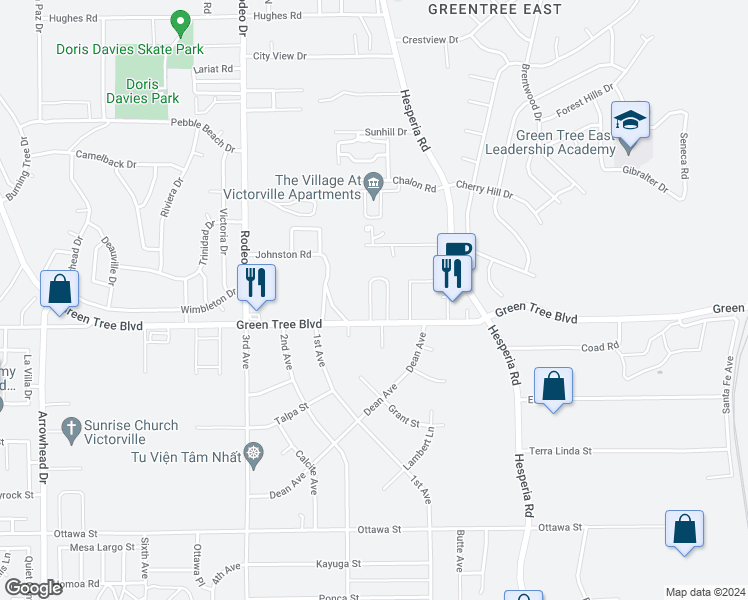 map of restaurants, bars, coffee shops, grocery stores, and more near 16760 Green Tree Boulevard in Victorville